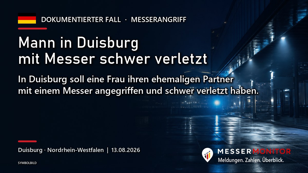 Titelgrafik: Mann in Duisburg mit Messer schwer verletzt. In Duisburg soll eine Frau ihren ehemaligen Partner mit einem Messer angegriffen und schwer verletzt haben..
