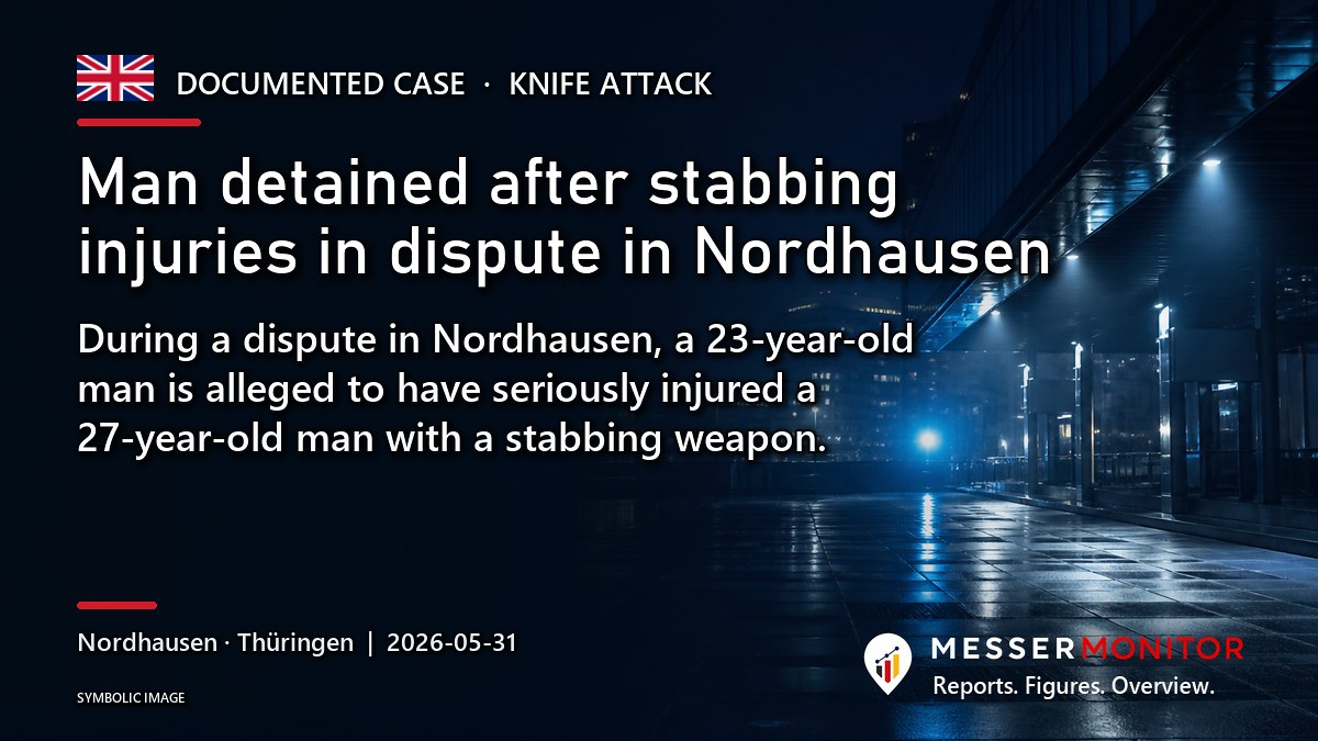 Title image: Man detained after stabbing injuries in dispute in Nordhausen. During a dispute in Nordhausen, a 23-year-old man is alleged to have seriously injured a 27-year-old man with a stabbing weapon..