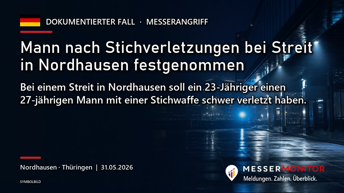 Titelgrafik: Mann nach Stichverletzungen bei Streit in Nordhausen festgenommen. Bei einem Streit in Nordhausen soll ein 23-Jähriger einen 27-jährigen Mann mit einer Stichwaffe schwer verletzt haben..