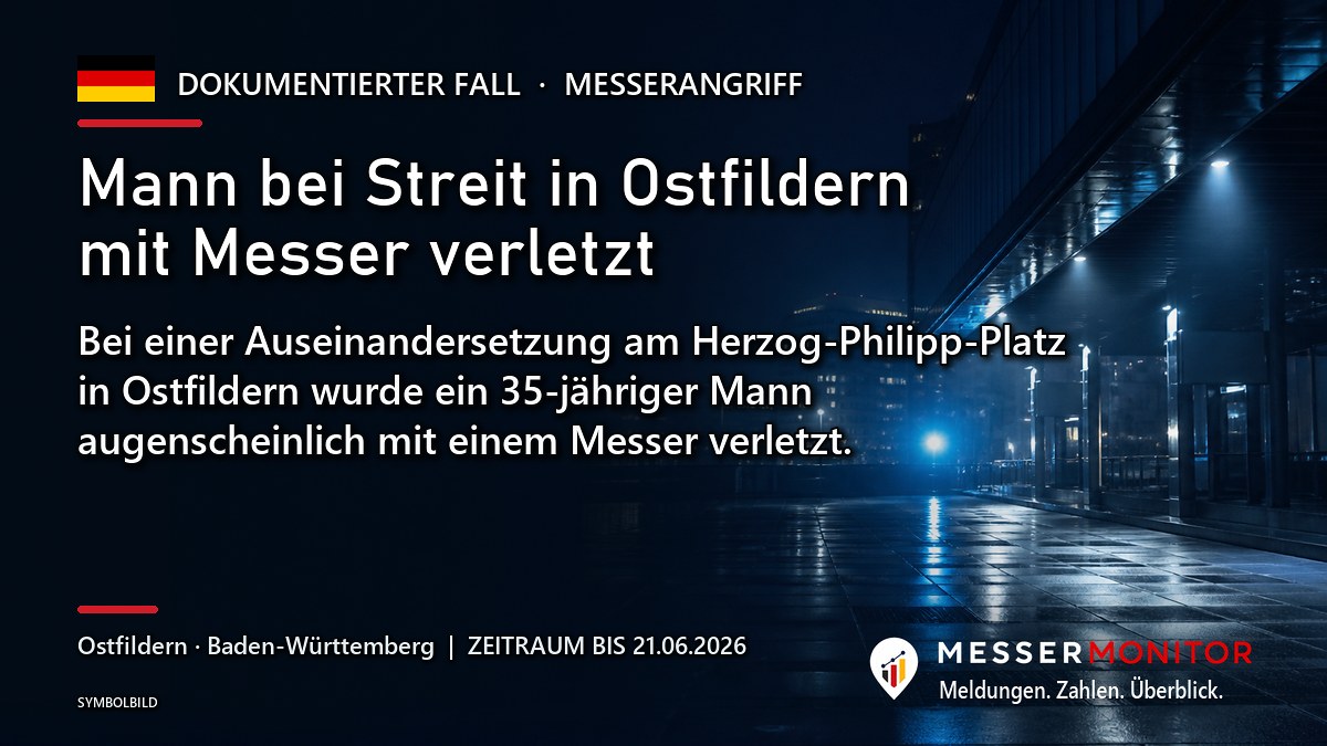Titelgrafik: Mann bei Streit in Ostfildern mit Messer verletzt. Bei einer Auseinandersetzung am Herzog-Philipp-Platz in Ostfildern wurde ein 35-jähriger Mann augenscheinlich mit einem Messer verletzt..