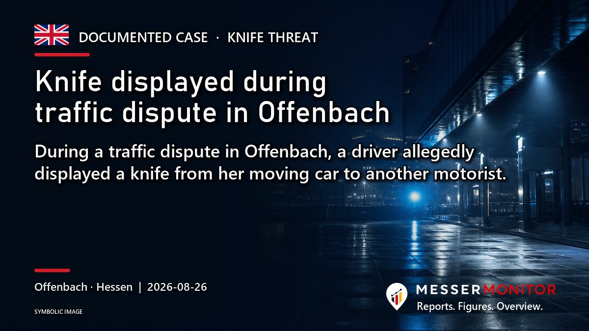 Title image: Knife displayed during traffic dispute in Offenbach. During a traffic dispute in Offenbach, a driver allegedly displayed a knife from her moving car to another motorist..