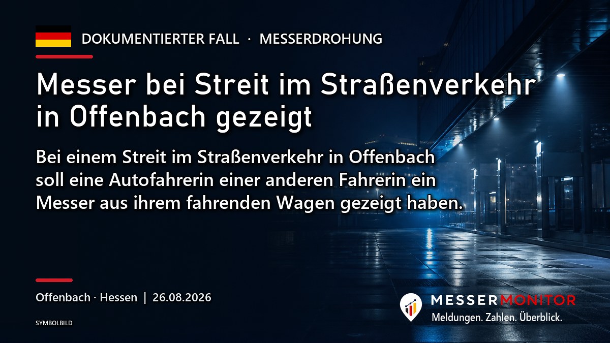 Titelgrafik: Messer bei Streit im Straßenverkehr in Offenbach gezeigt. Bei einem Streit im Straßenverkehr in Offenbach soll eine Autofahrerin einer anderen Fahrerin ein Messer aus ihrem fahrenden Wagen gezeigt haben..