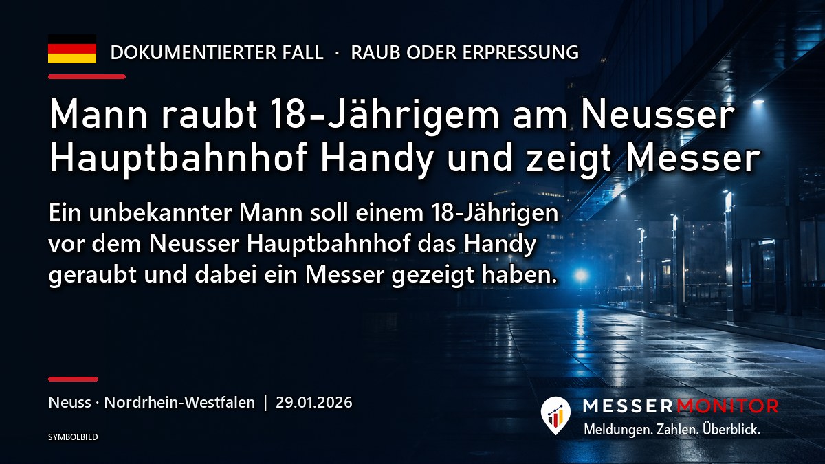 Titelgrafik: Mann raubt 18-Jährigem am Neusser Hauptbahnhof Handy und zeigt Messer. Ein unbekannter Mann soll einem 18-Jährigen vor dem Neusser Hauptbahnhof das Handy geraubt und dabei ein Messer gezeigt haben..