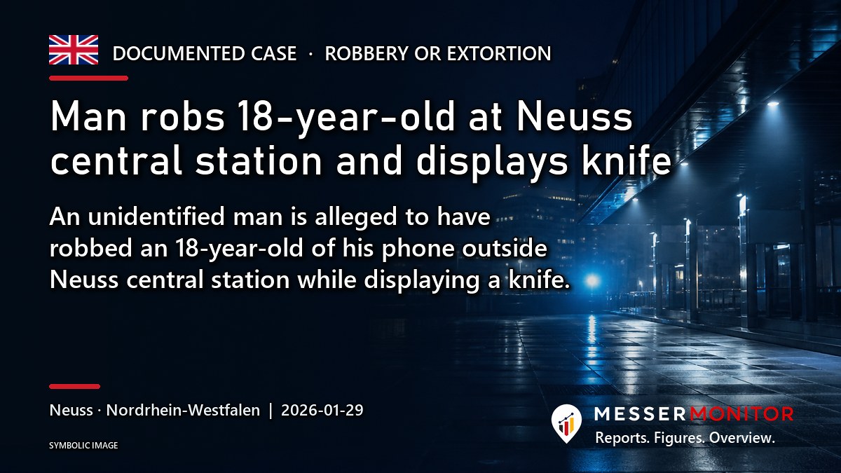 Title image: Man robs 18-year-old at Neuss central station and displays knife. An unidentified man is alleged to have robbed an 18-year-old of his phone outside Neuss central station while displaying a knife..