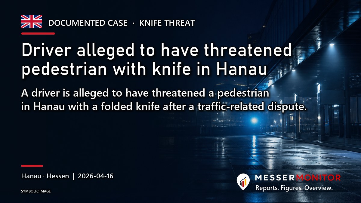 Title image: Driver alleged to have threatened pedestrian with knife in Hanau. A driver is alleged to have threatened a pedestrian in Hanau with a folded knife after a traffic-related dispute..