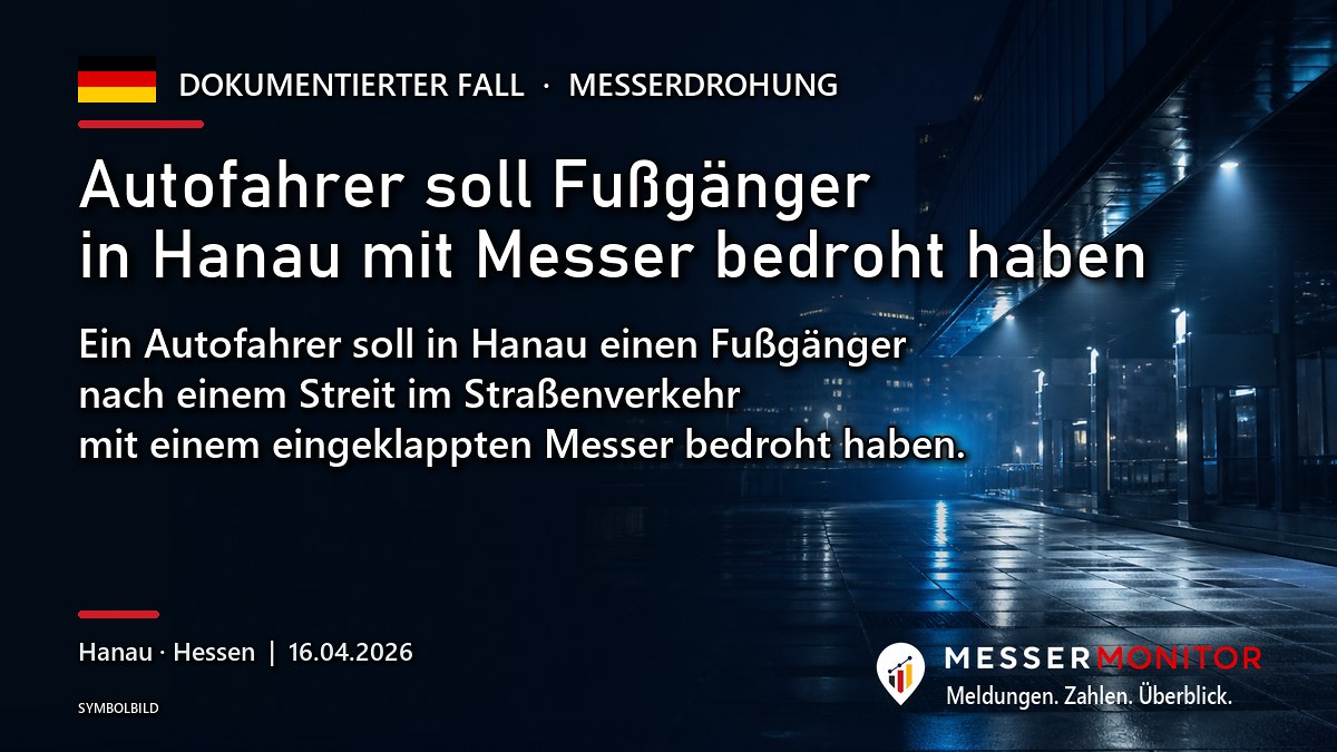 Titelgrafik: Autofahrer soll Fußgänger in Hanau mit Messer bedroht haben. Ein Autofahrer soll in Hanau einen Fußgänger nach einem Streit im Straßenverkehr mit einem eingeklappten Messer bedroht haben..