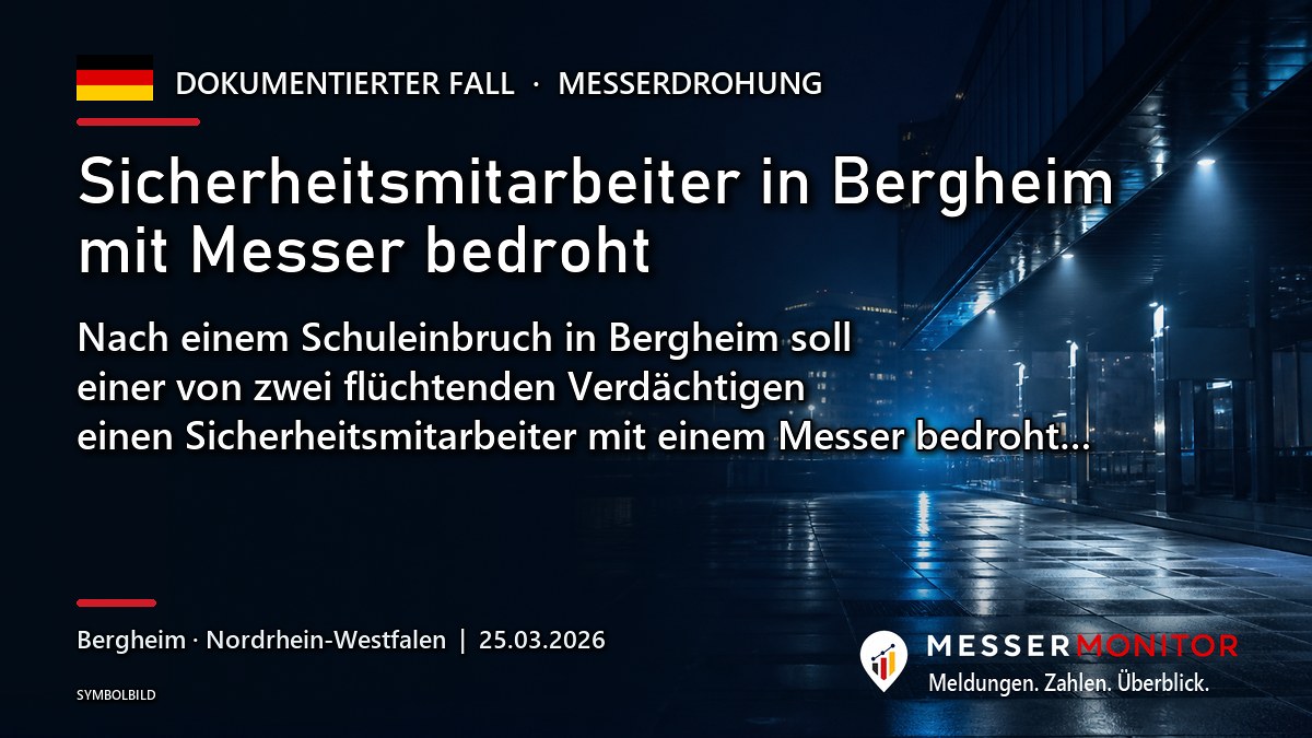 Titelgrafik: Sicherheitsmitarbeiter in Bergheim mit Messer bedroht. Nach einem Schuleinbruch in Bergheim soll einer von zwei flüchtenden Verdächtigen einen Sicherheitsmitarbeiter mit einem Messer bedroht….
