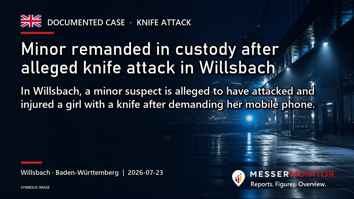 Title image: Minor remanded in custody after alleged knife attack in Willsbach. In Willsbach, a minor suspect is alleged to have attacked and injured a girl with a knife after demanding her mobile phone..