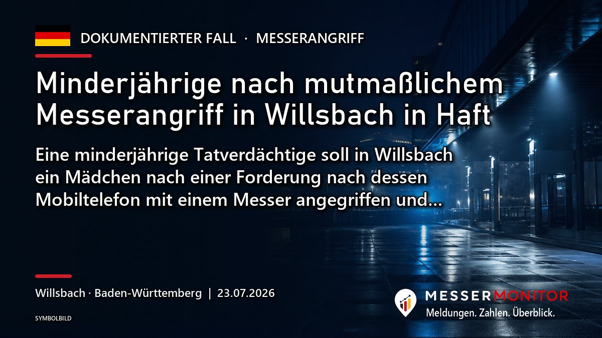 Titelgrafik: Minderjährige nach mutmaßlichem Messerangriff in Willsbach in Haft. Eine minderjährige Tatverdächtige soll in Willsbach ein Mädchen nach einer Forderung nach dessen Mobiltelefon mit einem Messer angegriffen und….