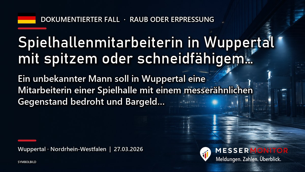 Titelgrafik: Spielhallenmitarbeiterin in Wuppertal mit spitzem oder schneidfähigem…. Ein unbekannter Mann soll in Wuppertal eine Mitarbeiterin einer Spielhalle mit einem messerähnlichen Gegenstand bedroht und Bargeld….