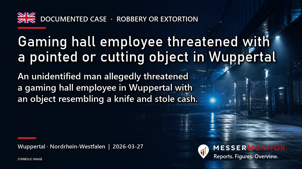 Title image: Gaming hall employee threatened with a pointed or cutting object in Wuppertal. An unidentified man allegedly threatened a gaming hall employee in Wuppertal with an object resembling a knife and stole cash..