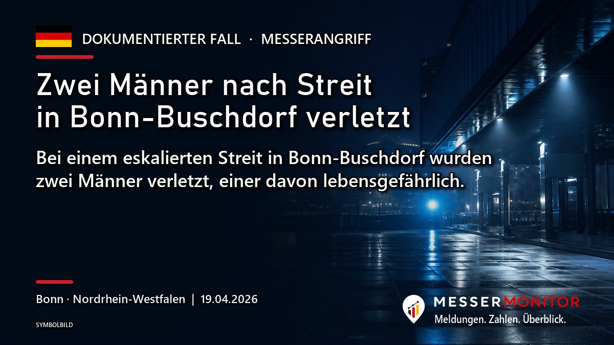 Titelgrafik: Zwei Männer nach Streit in Bonn-Buschdorf verletzt. Bei einem eskalierten Streit in Bonn-Buschdorf wurden zwei Männer verletzt, einer davon lebensgefährlich..
