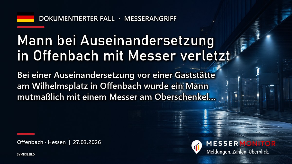 Titelgrafik: Mann bei Auseinandersetzung in Offenbach mit Messer verletzt. Bei einer Auseinandersetzung vor einer Gaststätte am Wilhelmsplatz in Offenbach wurde ein Mann mutmaßlich mit einem Messer am Oberschenkel….