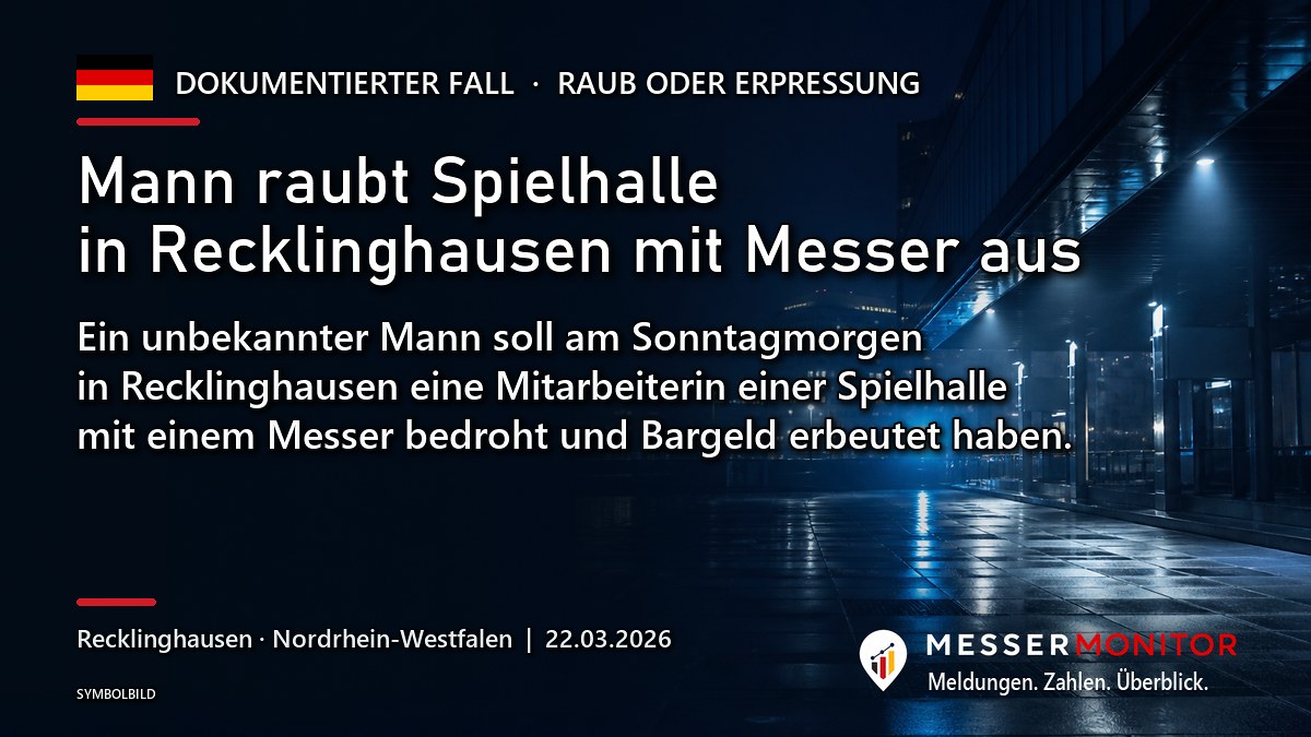 Titelgrafik: Mann raubt Spielhalle in Recklinghausen mit Messer aus. Ein unbekannter Mann soll am Sonntagmorgen in Recklinghausen eine Mitarbeiterin einer Spielhalle mit einem Messer bedroht und Bargeld erbeutet haben..