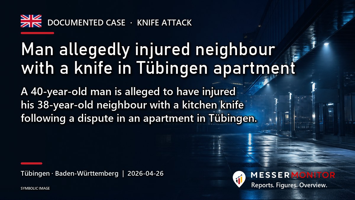 Title image: Man allegedly injured neighbour with a knife in Tübingen apartment. A 40-year-old man is alleged to have injured his 38-year-old neighbour with a kitchen knife following a dispute in an apartment in Tübingen..