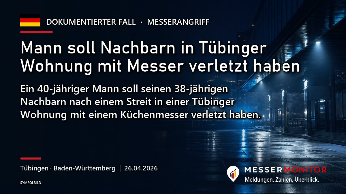 Titelgrafik: Mann soll Nachbarn in Tübinger Wohnung mit Messer verletzt haben. Ein 40-jähriger Mann soll seinen 38-jährigen Nachbarn nach einem Streit in einer Tübinger Wohnung mit einem Küchenmesser verletzt haben..