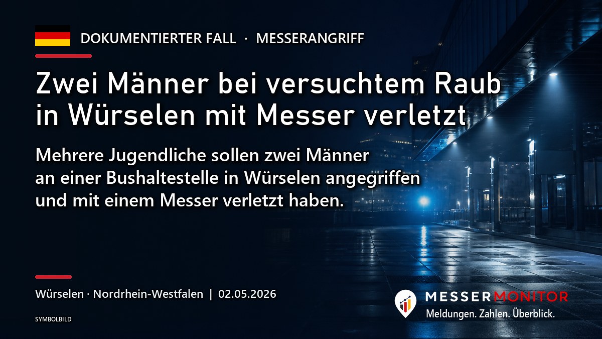 Titelgrafik: Zwei Männer bei versuchtem Raub in Würselen mit Messer verletzt. Mehrere Jugendliche sollen zwei Männer an einer Bushaltestelle in Würselen angegriffen und mit einem Messer verletzt haben..