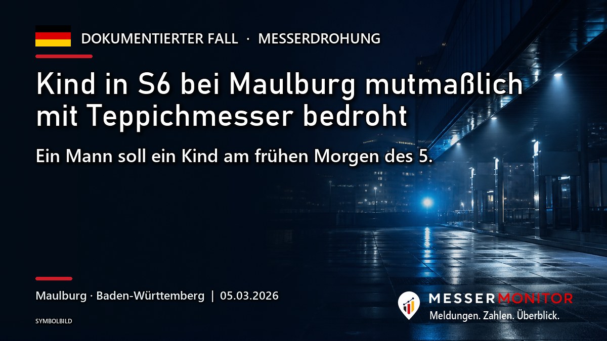 Titelgrafik: Kind in S6 bei Maulburg mutmaßlich mit Teppichmesser bedroht. Ein Mann soll ein Kind am frühen Morgen des 5..