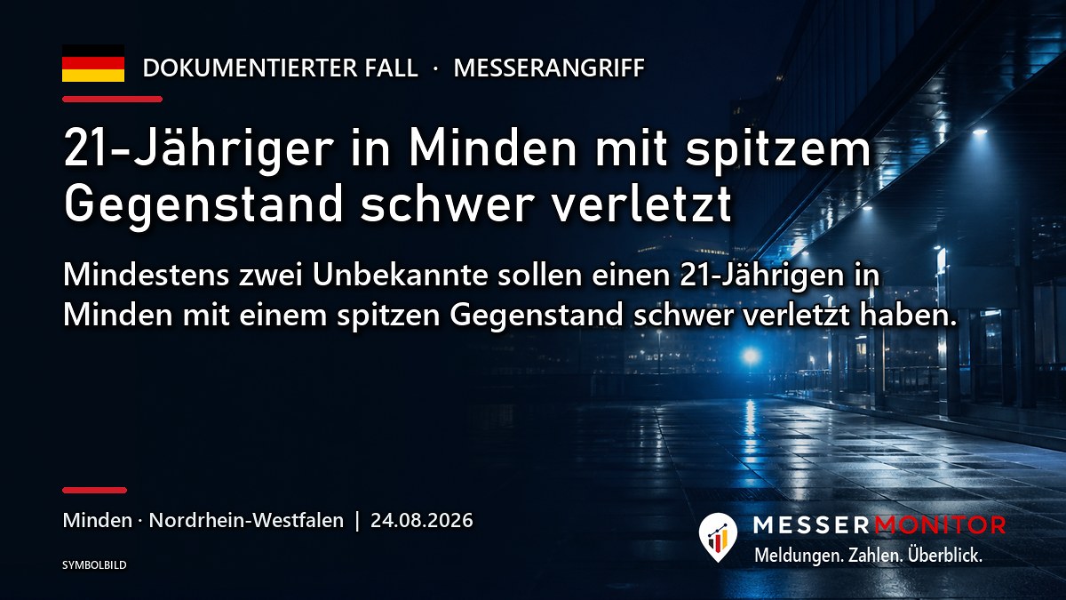 Titelgrafik: 21-Jähriger in Minden mit spitzem Gegenstand schwer verletzt. Mindestens zwei Unbekannte sollen einen 21-Jährigen in Minden mit einem spitzen Gegenstand schwer verletzt haben..