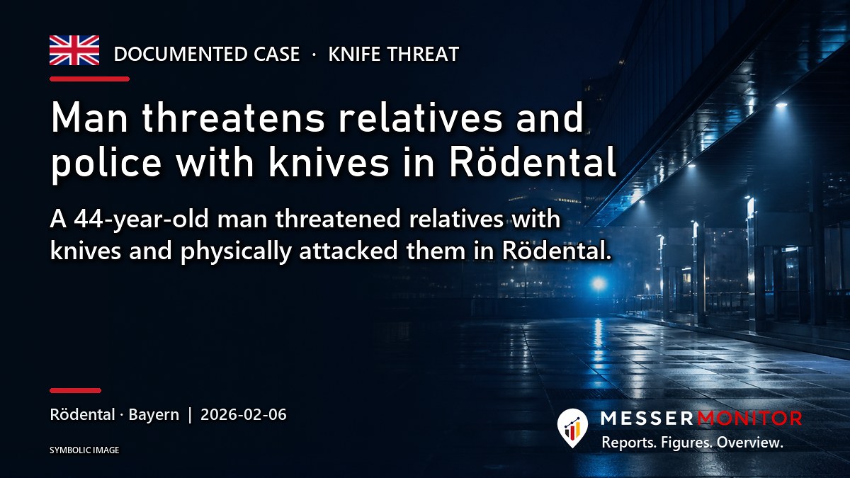 Title image: Man threatens relatives and police with knives in Rödental. A 44-year-old man threatened relatives with knives and physically attacked them in Rödental..