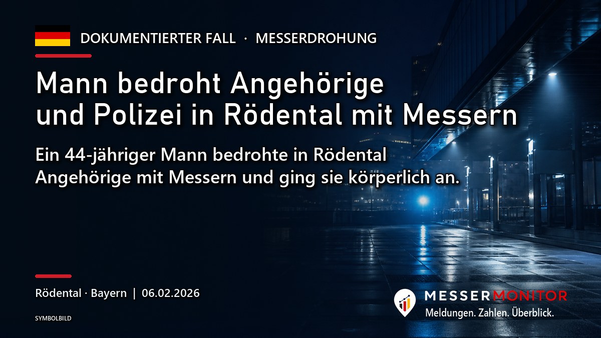 Titelgrafik: Mann bedroht Angehörige und Polizei in Rödental mit Messern. Ein 44-jähriger Mann bedrohte in Rödental Angehörige mit Messern und ging sie körperlich an..