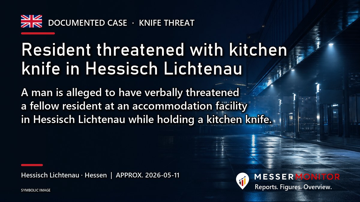 Title image: Resident threatened with kitchen knife in Hessisch Lichtenau. A man is alleged to have verbally threatened a fellow resident at an accommodation facility in Hessisch Lichtenau while holding a kitchen knife..