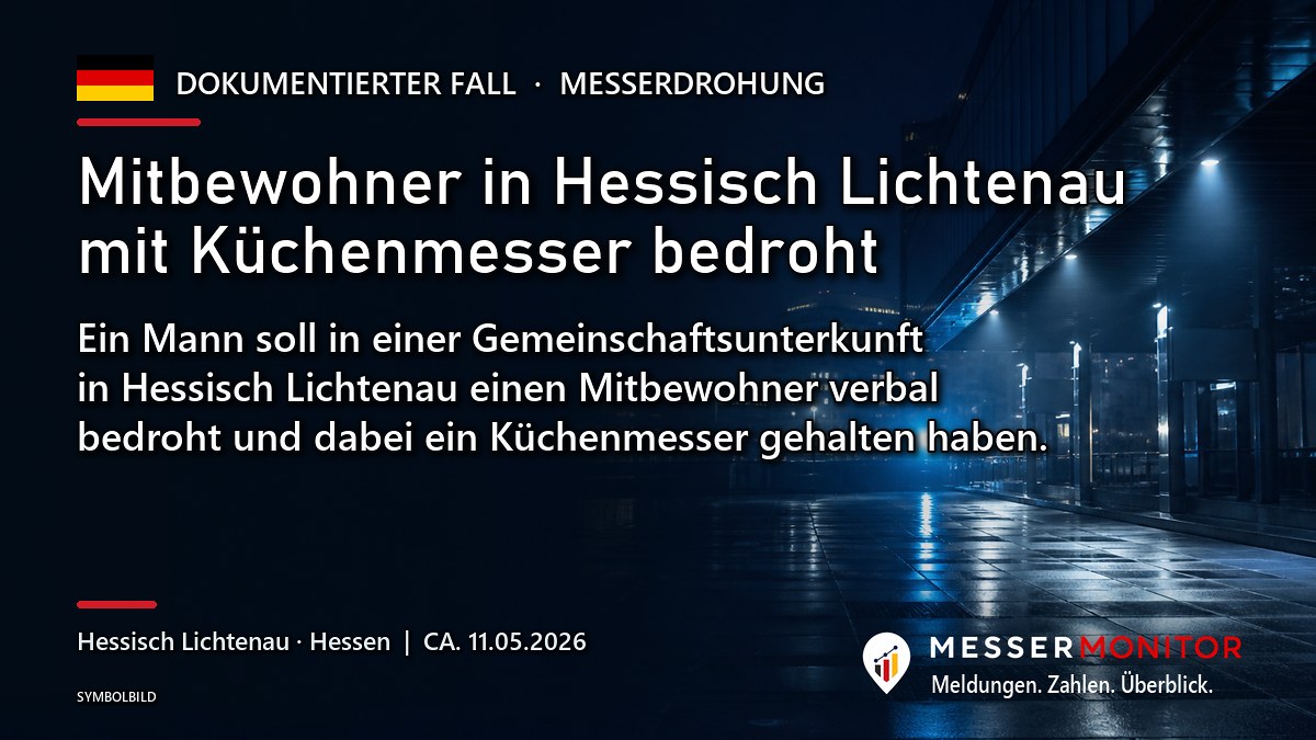 Titelgrafik: Mitbewohner in Hessisch Lichtenau mit Küchenmesser bedroht. Ein Mann soll in einer Gemeinschaftsunterkunft in Hessisch Lichtenau einen Mitbewohner verbal bedroht und dabei ein Küchenmesser gehalten haben..