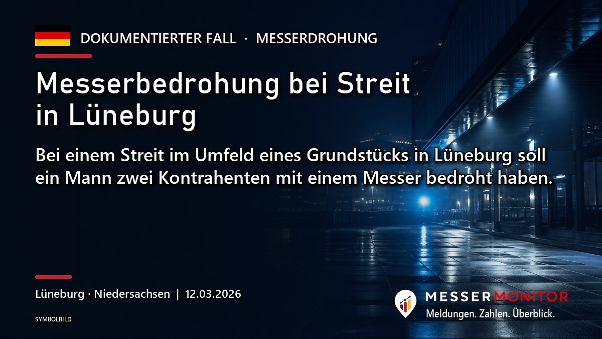 Titelgrafik: Messerbedrohung bei Streit in Lüneburg. Bei einem Streit im Umfeld eines Grundstücks in Lüneburg soll ein Mann zwei Kontrahenten mit einem Messer bedroht haben..