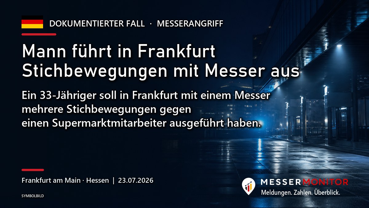 Titelgrafik: Mann führt in Frankfurt Stichbewegungen mit Messer aus. Ein 33-Jähriger soll in Frankfurt mit einem Messer mehrere Stichbewegungen gegen einen Supermarktmitarbeiter ausgeführt haben..