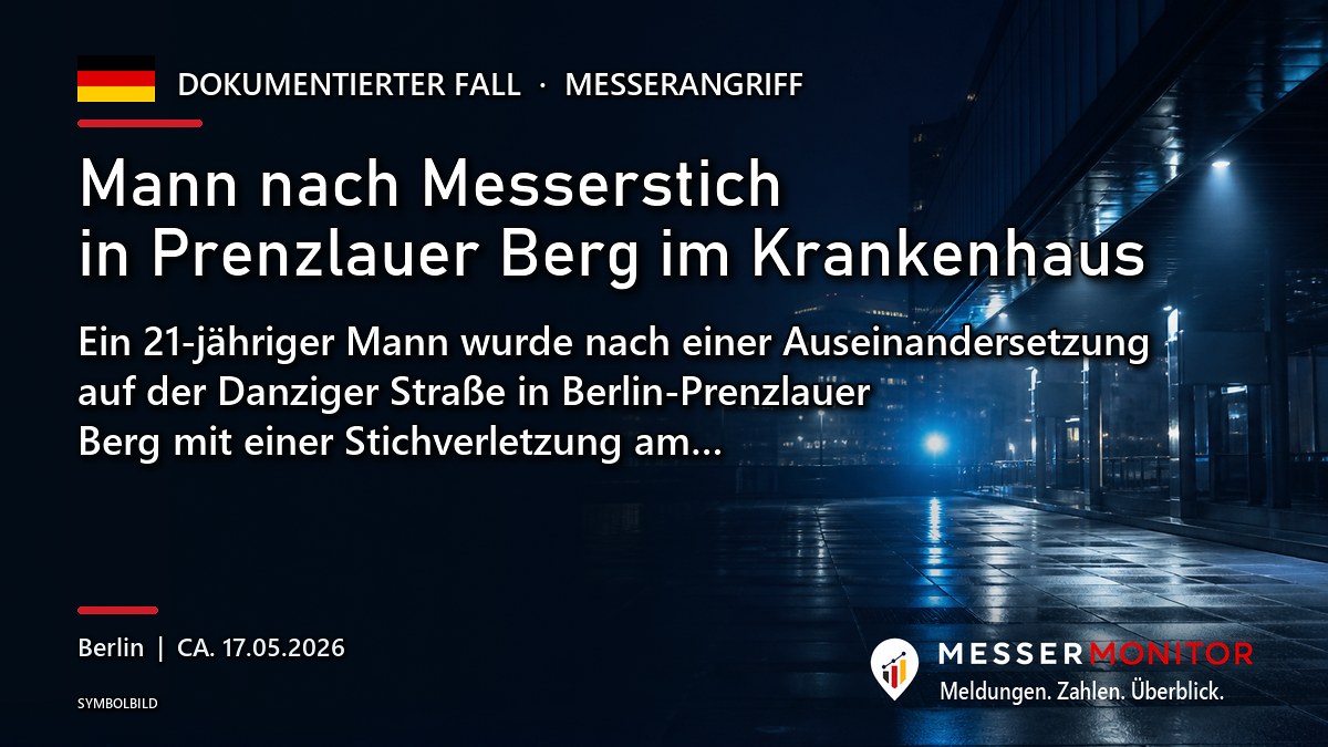 Titelgrafik: Mann nach Messerstich in Prenzlauer Berg im Krankenhaus. Ein 21-jähriger Mann wurde nach einer Auseinandersetzung auf der Danziger Straße in Berlin-Prenzlauer Berg mit einer Stichverletzung am….
