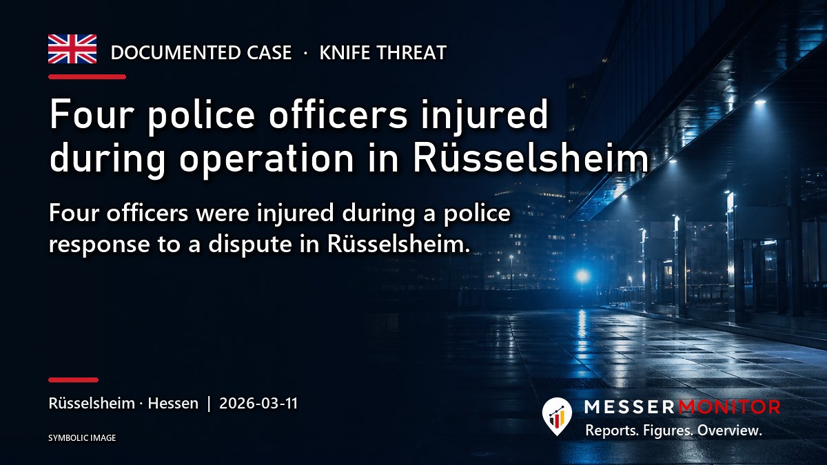 Title image: Four police officers injured during operation in Rüsselsheim. Four officers were injured during a police response to a dispute in Rüsselsheim..