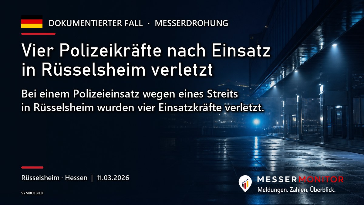 Titelgrafik: Vier Polizeikräfte nach Einsatz in Rüsselsheim verletzt. Bei einem Polizeieinsatz wegen eines Streits in Rüsselsheim wurden vier Einsatzkräfte verletzt..