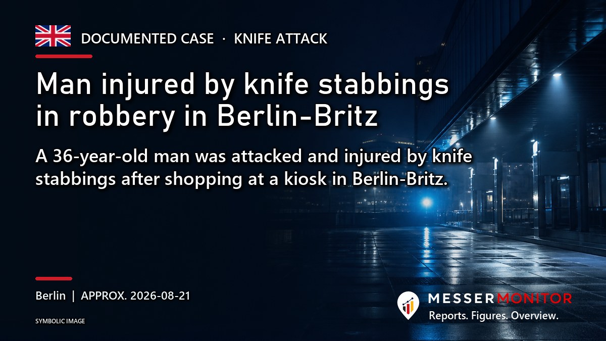 Title image: Man injured by knife stabbings in robbery in Berlin-Britz. A 36-year-old man was attacked and injured by knife stabbings after shopping at a kiosk in Berlin-Britz..