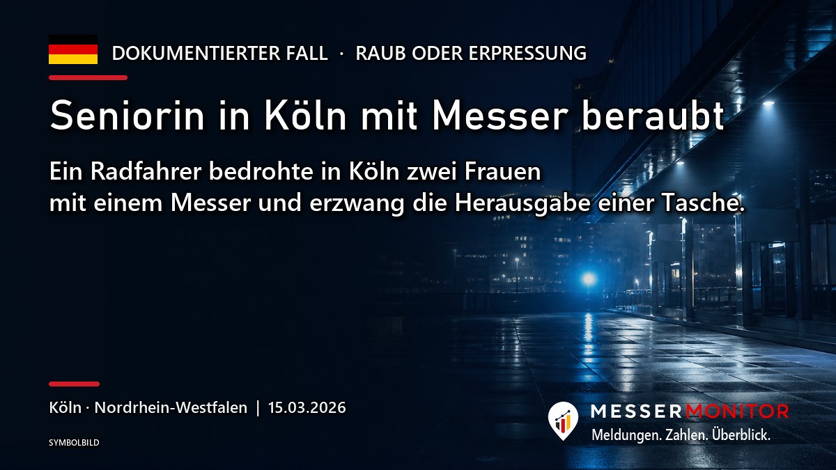 Titelgrafik: Seniorin in Köln mit Messer beraubt. Ein Radfahrer bedrohte in Köln zwei Frauen mit einem Messer und erzwang die Herausgabe einer Tasche..