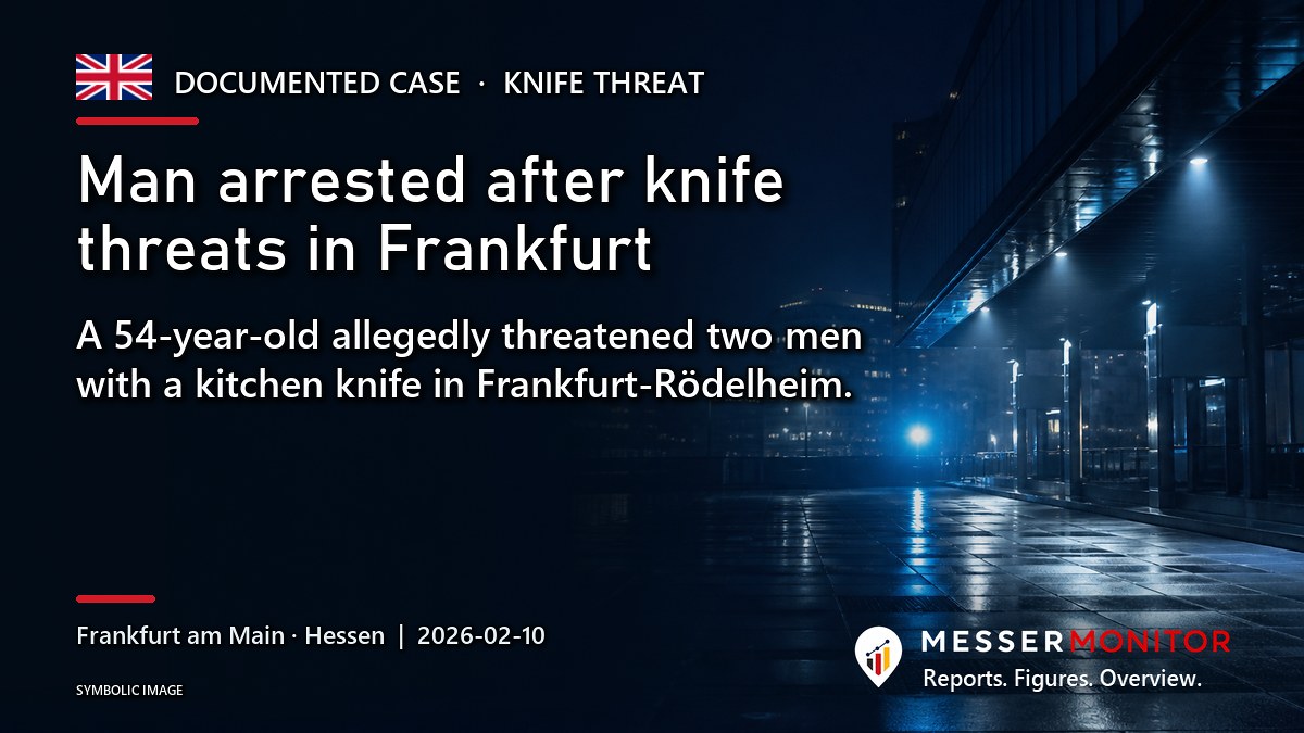 Title image: Man arrested after knife threats in Frankfurt. A 54-year-old allegedly threatened two men with a kitchen knife in Frankfurt-Rödelheim..