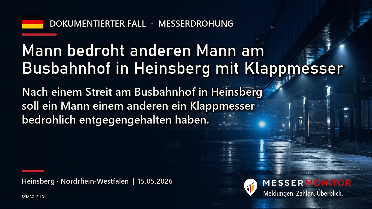 Titelgrafik: Mann bedroht anderen Mann am Busbahnhof in Heinsberg mit Klappmesser. Nach einem Streit am Busbahnhof in Heinsberg soll ein Mann einem anderen ein Klappmesser bedrohlich entgegengehalten haben..