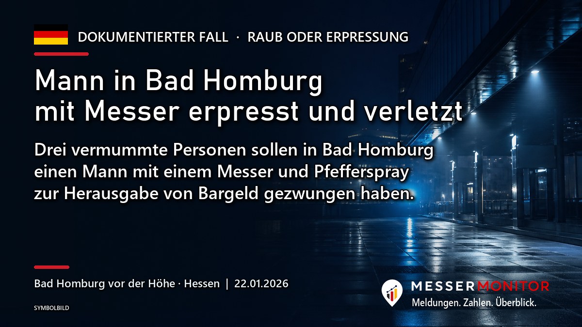 Titelgrafik: Mann in Bad Homburg mit Messer erpresst und verletzt. Drei vermummte Personen sollen in Bad Homburg einen Mann mit einem Messer und Pfefferspray zur Herausgabe von Bargeld gezwungen haben..