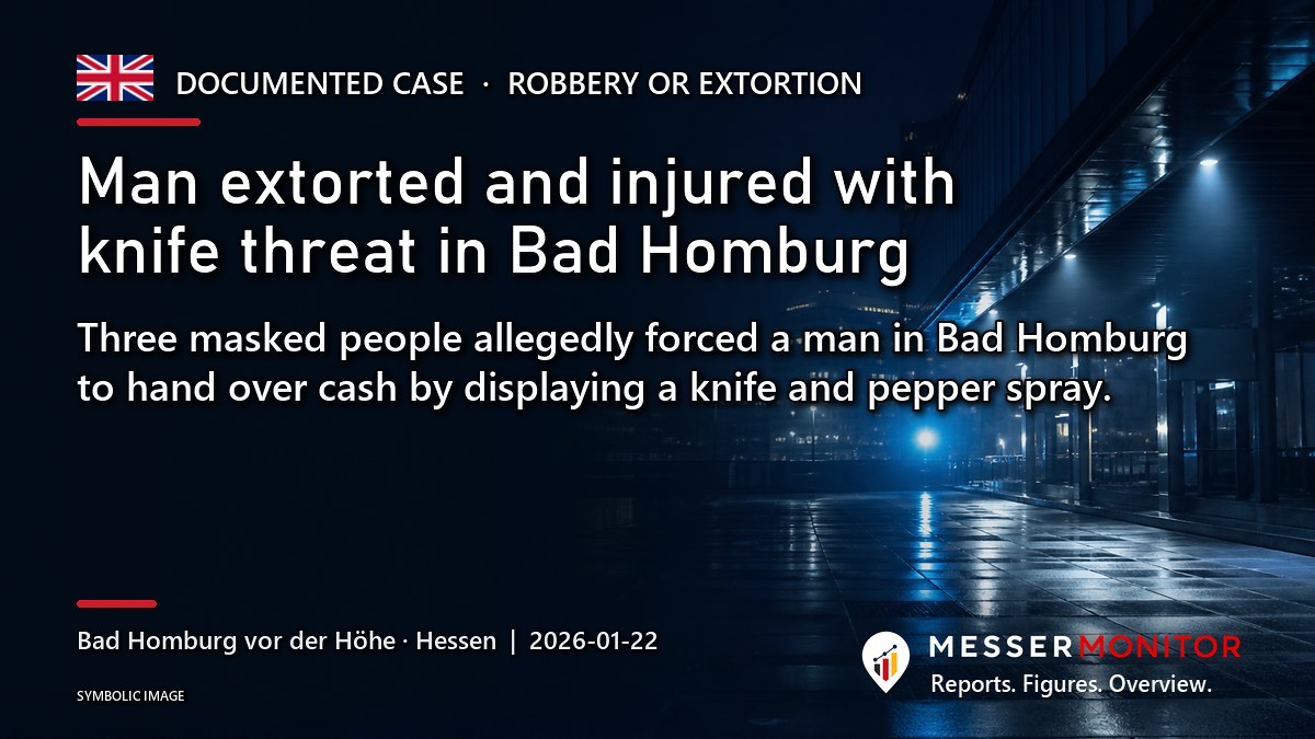 Title image: Man extorted and injured with knife threat in Bad Homburg. Three masked people allegedly forced a man in Bad Homburg to hand over cash by displaying a knife and pepper spray..