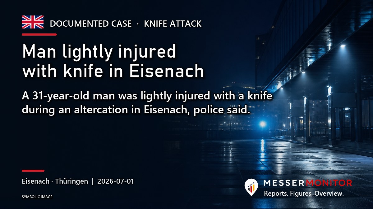 Title image: Man lightly injured with knife in Eisenach. A 31-year-old man was lightly injured with a knife during an altercation in Eisenach, police said..
