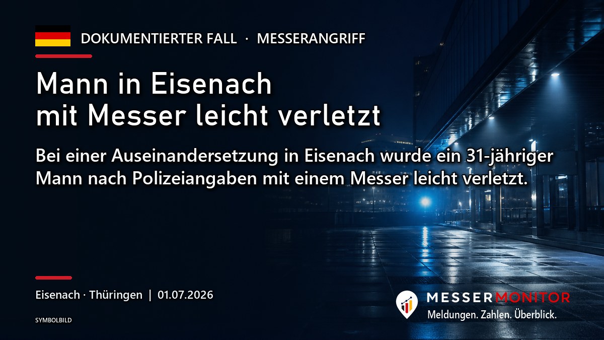 Titelgrafik: Mann in Eisenach mit Messer leicht verletzt. Bei einer Auseinandersetzung in Eisenach wurde ein 31-jähriger Mann nach Polizeiangaben mit einem Messer leicht verletzt..