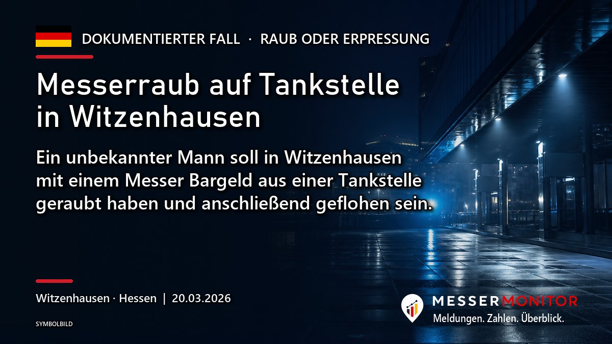 Titelgrafik: Messerraub auf Tankstelle in Witzenhausen. Ein unbekannter Mann soll in Witzenhausen mit einem Messer Bargeld aus einer Tankstelle geraubt haben und anschließend geflohen sein..