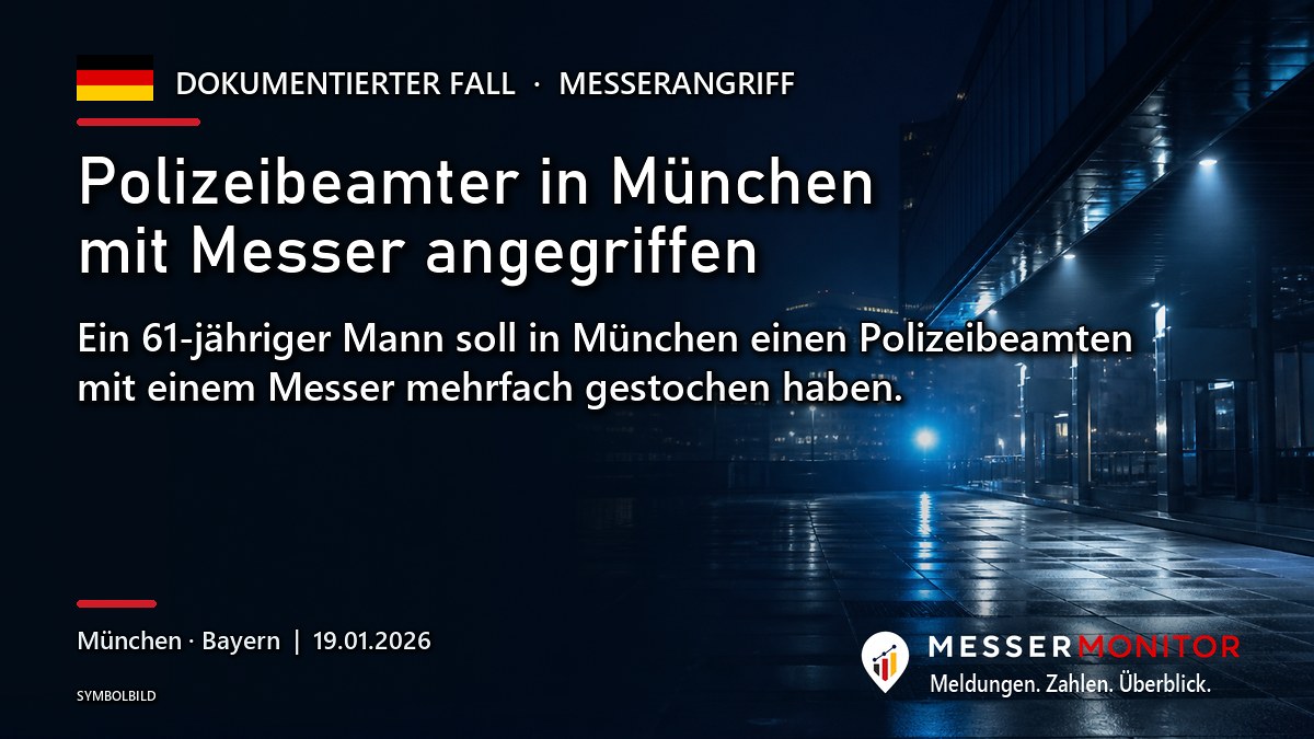 Titelgrafik: Polizeibeamter in München mit Messer angegriffen. Ein 61-jähriger Mann soll in München einen Polizeibeamten mit einem Messer mehrfach gestochen haben..