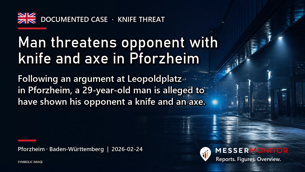 Title image: Man threatens opponent with knife and axe in Pforzheim. Following an argument at Leopoldplatz in Pforzheim, a 29-year-old man is alleged to have shown his opponent a knife and an axe..