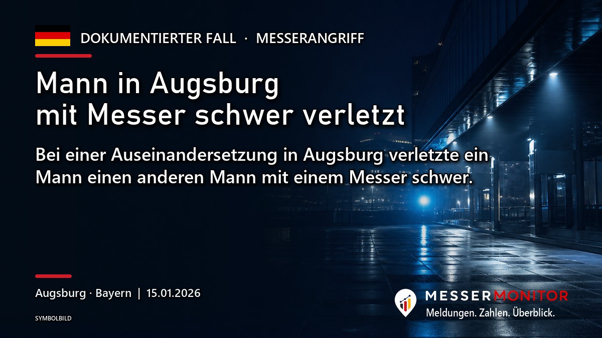 Titelgrafik: Mann in Augsburg mit Messer schwer verletzt. Bei einer Auseinandersetzung in Augsburg verletzte ein Mann einen anderen Mann mit einem Messer schwer..