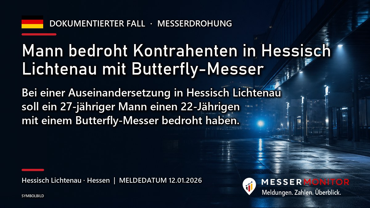 Titelgrafik: Mann bedroht Kontrahenten in Hessisch Lichtenau mit Butterfly-Messer. Bei einer Auseinandersetzung in Hessisch Lichtenau soll ein 27-jähriger Mann einen 22-Jährigen mit einem Butterfly-Messer bedroht haben..