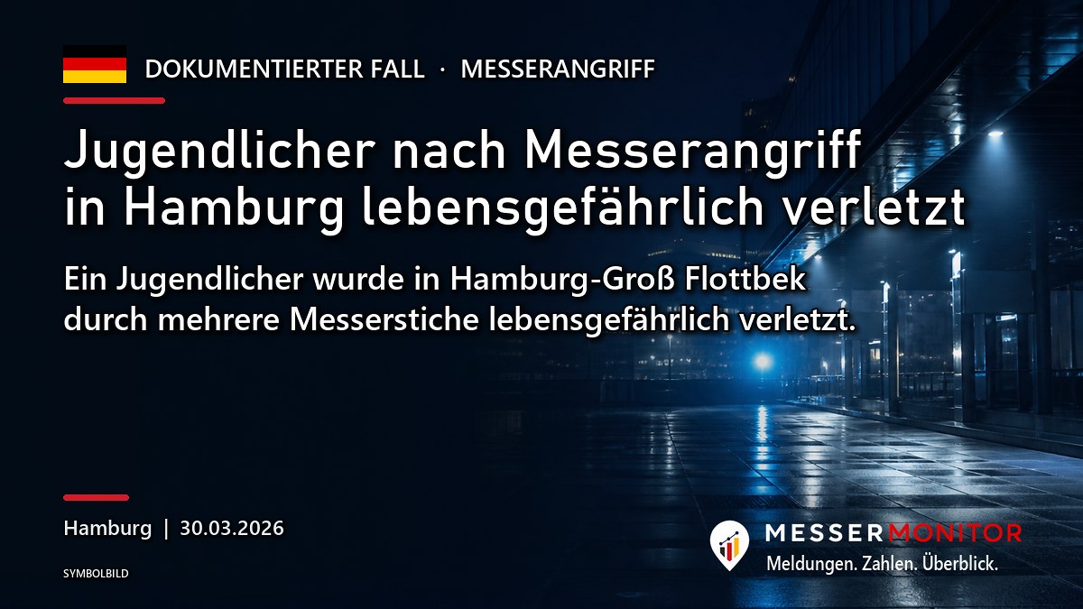 Titelgrafik: Jugendlicher nach Messerangriff in Hamburg lebensgefährlich verletzt. Ein Jugendlicher wurde in Hamburg-Groß Flottbek durch mehrere Messerstiche lebensgefährlich verletzt..