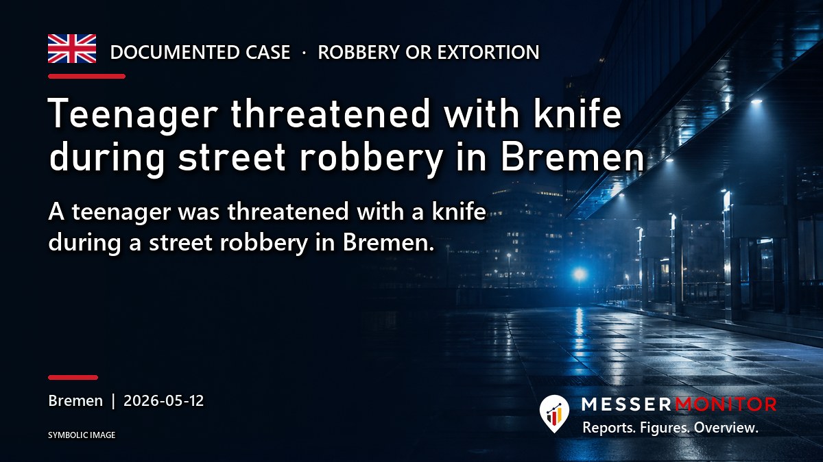 Title image: Teenager threatened with knife during street robbery in Bremen. A teenager was threatened with a knife during a street robbery in Bremen..