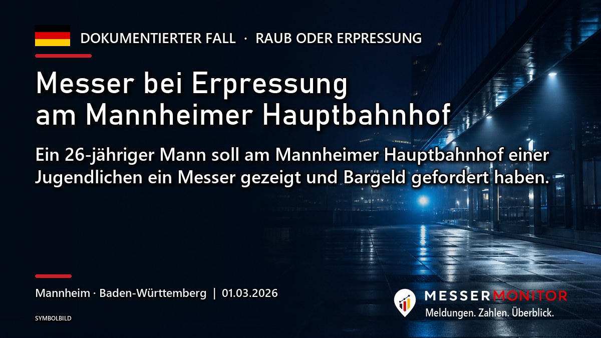 Titelgrafik: Messer bei Erpressung am Mannheimer Hauptbahnhof. Ein 26-jähriger Mann soll am Mannheimer Hauptbahnhof einer Jugendlichen ein Messer gezeigt und Bargeld gefordert haben..