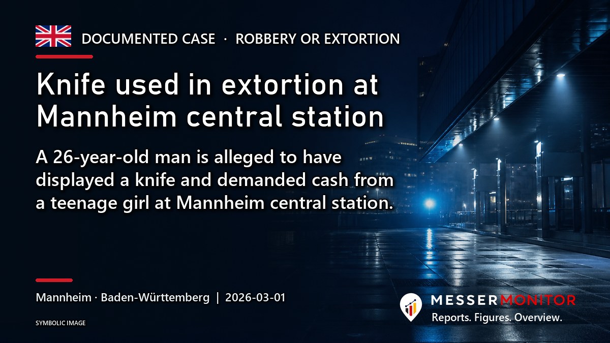 Title image: Knife used in extortion at Mannheim central station. A 26-year-old man is alleged to have displayed a knife and demanded cash from a teenage girl at Mannheim central station..