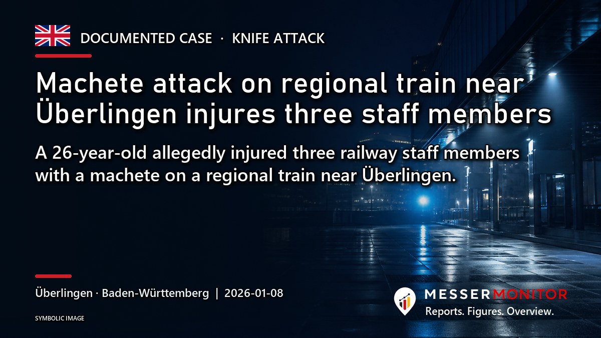 Title image: Machete attack on regional train near Überlingen injures three staff members. A 26-year-old allegedly injured three railway staff members with a machete on a regional train near Überlingen..